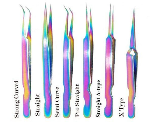 Set of 6 Individual Eyelash Extension Tweezers Stainless Steel Rainbow With Case