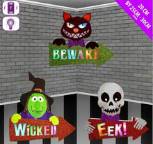 Load image into Gallery viewer, Halloween Wooden Character Signs Arrows Lights Up Decorations Family Friendly