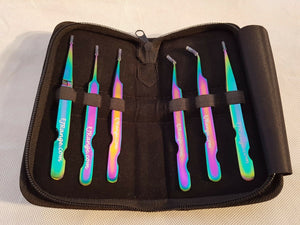 Set of 6 Individual Eyelash Extension Tweezers Stainless Steel Rainbow With Case