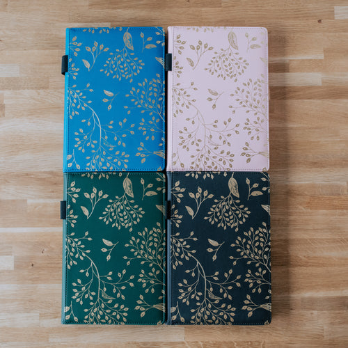EJRange Notebook A5 Lined Journal - PU Leather, Wipe Clean Cover, Soft Feel, Ribbon, Ruled, 192 Pages, Gold Leaves Design