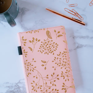EJRange Notebook A5 Lined Journal - PU Leather, Wipe Clean Cover, Soft Feel, Ribbon, Ruled, 192 Pages, Gold Leaves Design