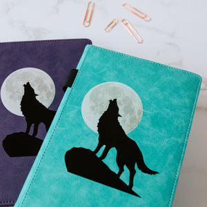 EJRange Notebook A5 Lined Journal - PU Leather, Wipe Clean Cover, Soft Feel, Ribbon, Ruled, 192 Pages, Wolf Design